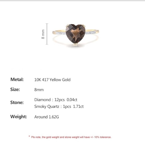 10k Gold Chocolate Quartz Diamond Ring Love Heart - Picture 3 of 3